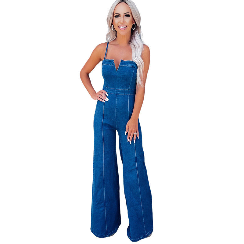 Women's Denim Spaghetti Strap High Waist Jumpsuit