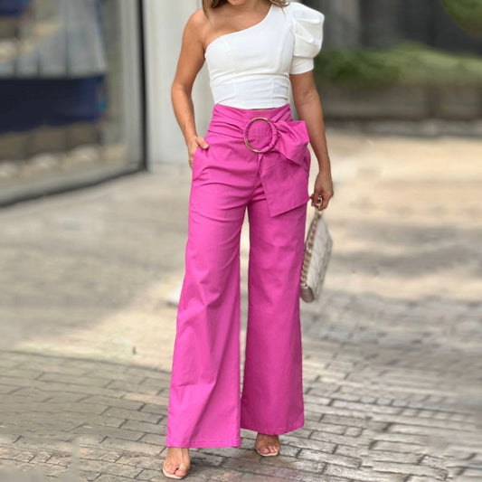 Women's Puff Shoulder Sleeve Top/ Wide Leg Pants Two-piece Set