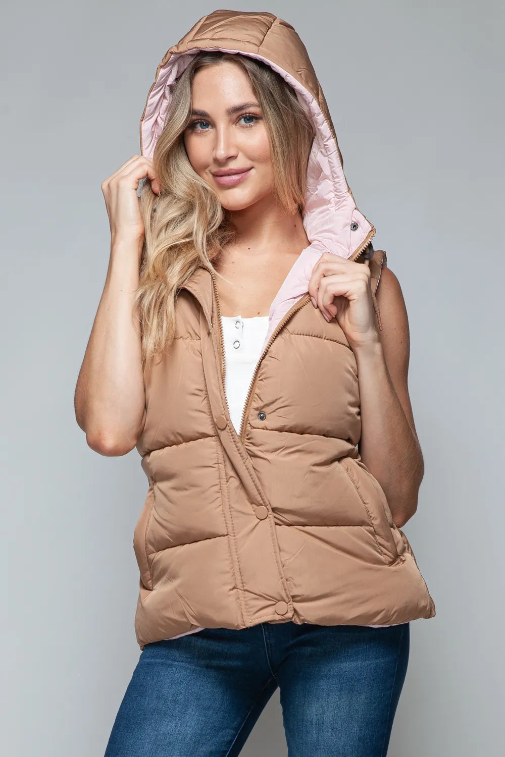 Woman's Snap And Zip Closure Hooded Vest