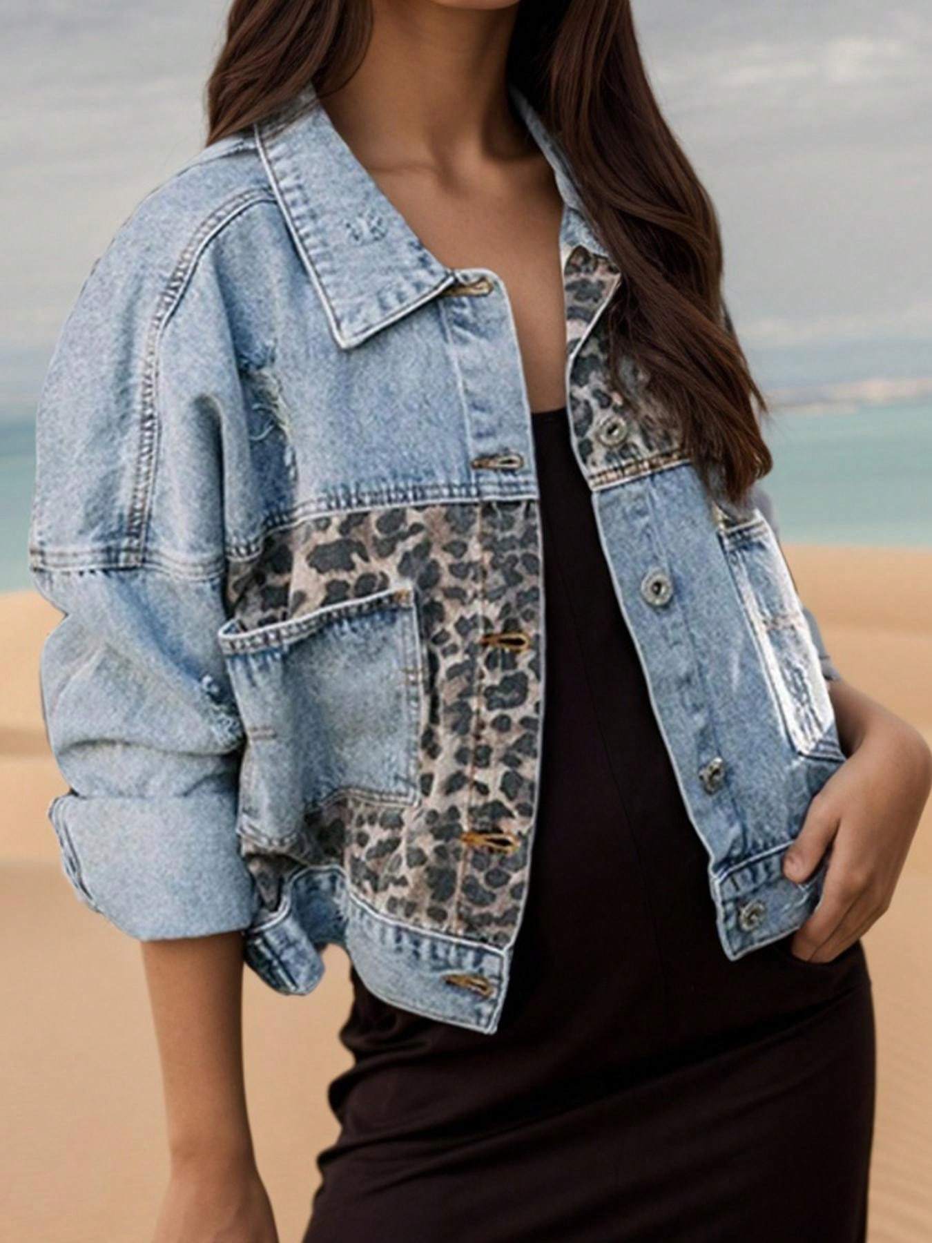 Women's Washed Blue Worn Denim Leopard Print Short Jacket