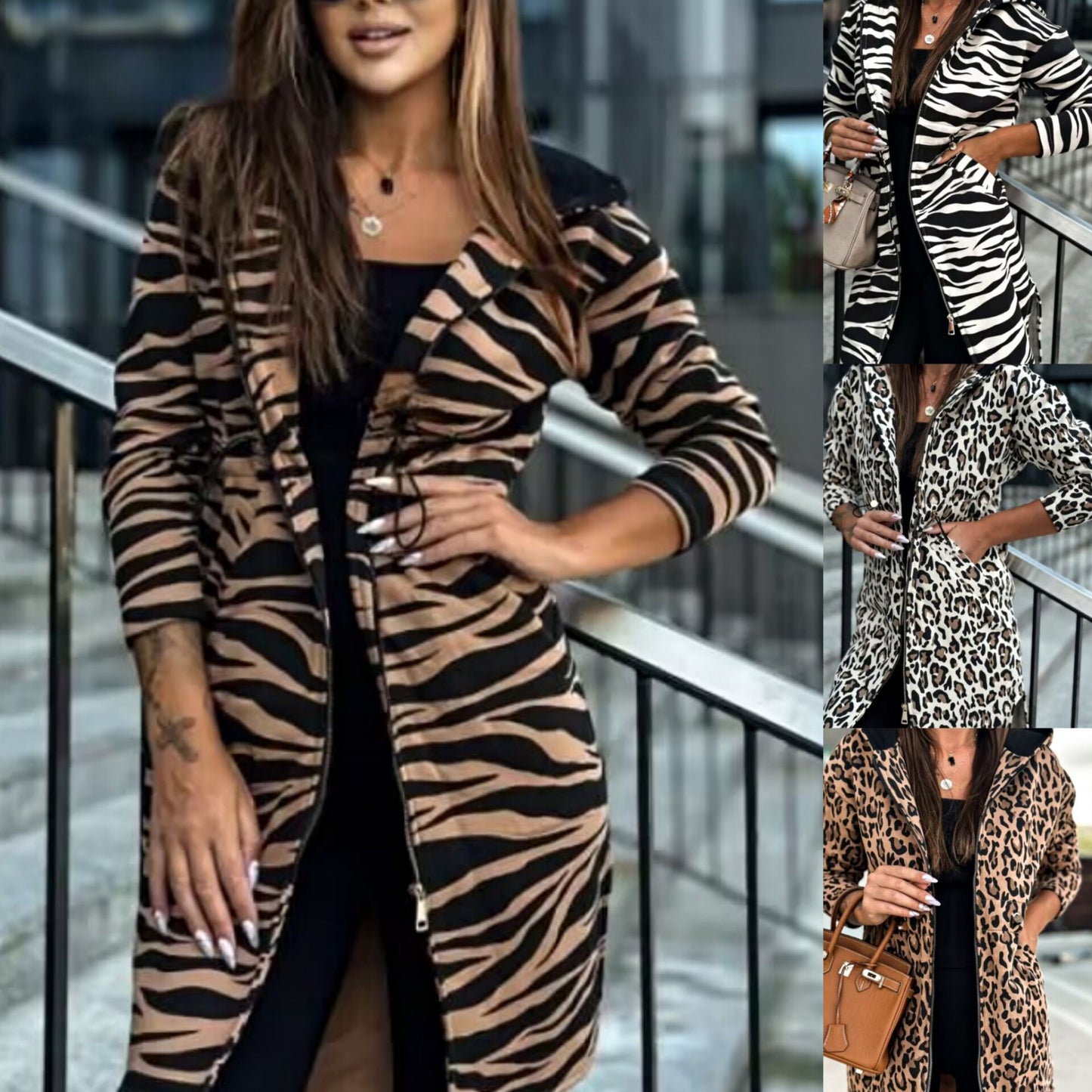 Women's Long-sleeved Hooded Print Trench Coat