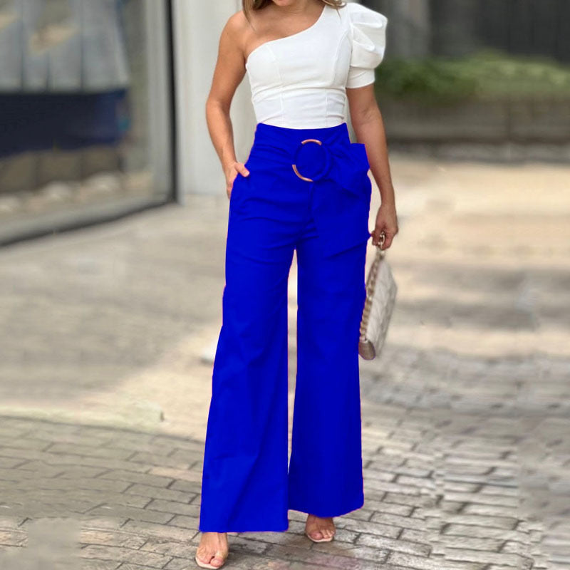 Women's Puff Shoulder Sleeve Top/ Wide Leg Pants Two-piece Set