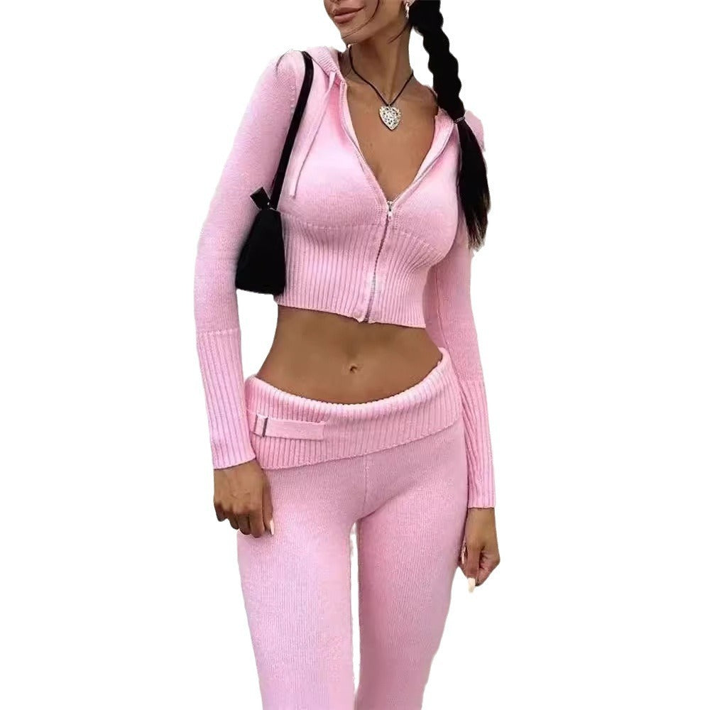 Woman's Knitted Cropped Hooded/ High Waist Pants Two-piece Set/7 Colors