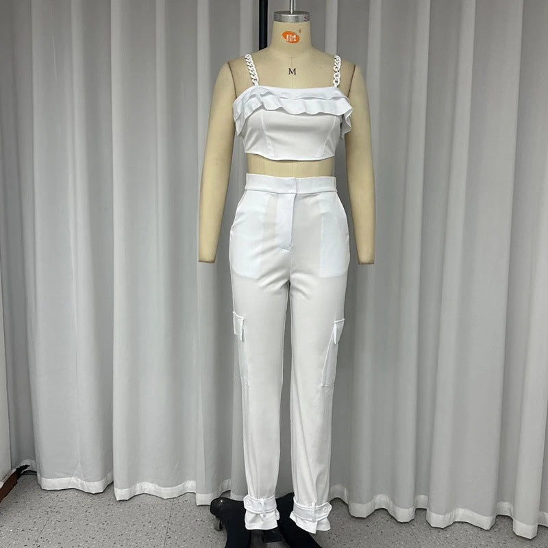 Women's Chain Strap Square Collar Top-High Waist Ankle-tied Pants Two Peice Set