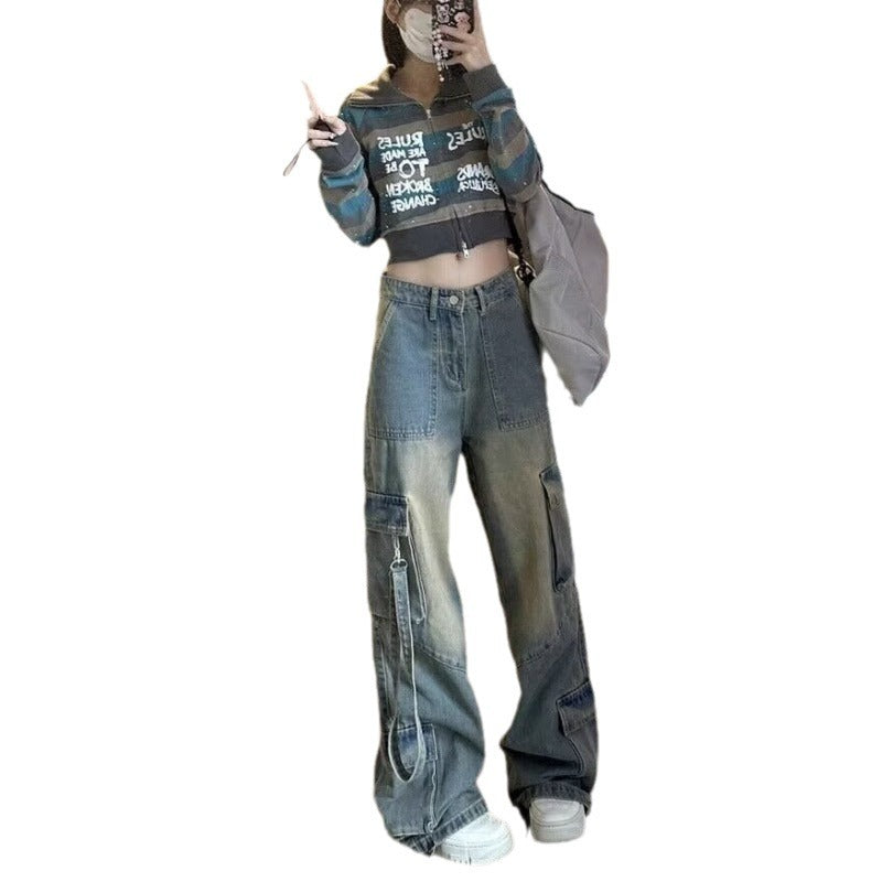 Woman's Denim Loose Wide Leg Cargo Jeans