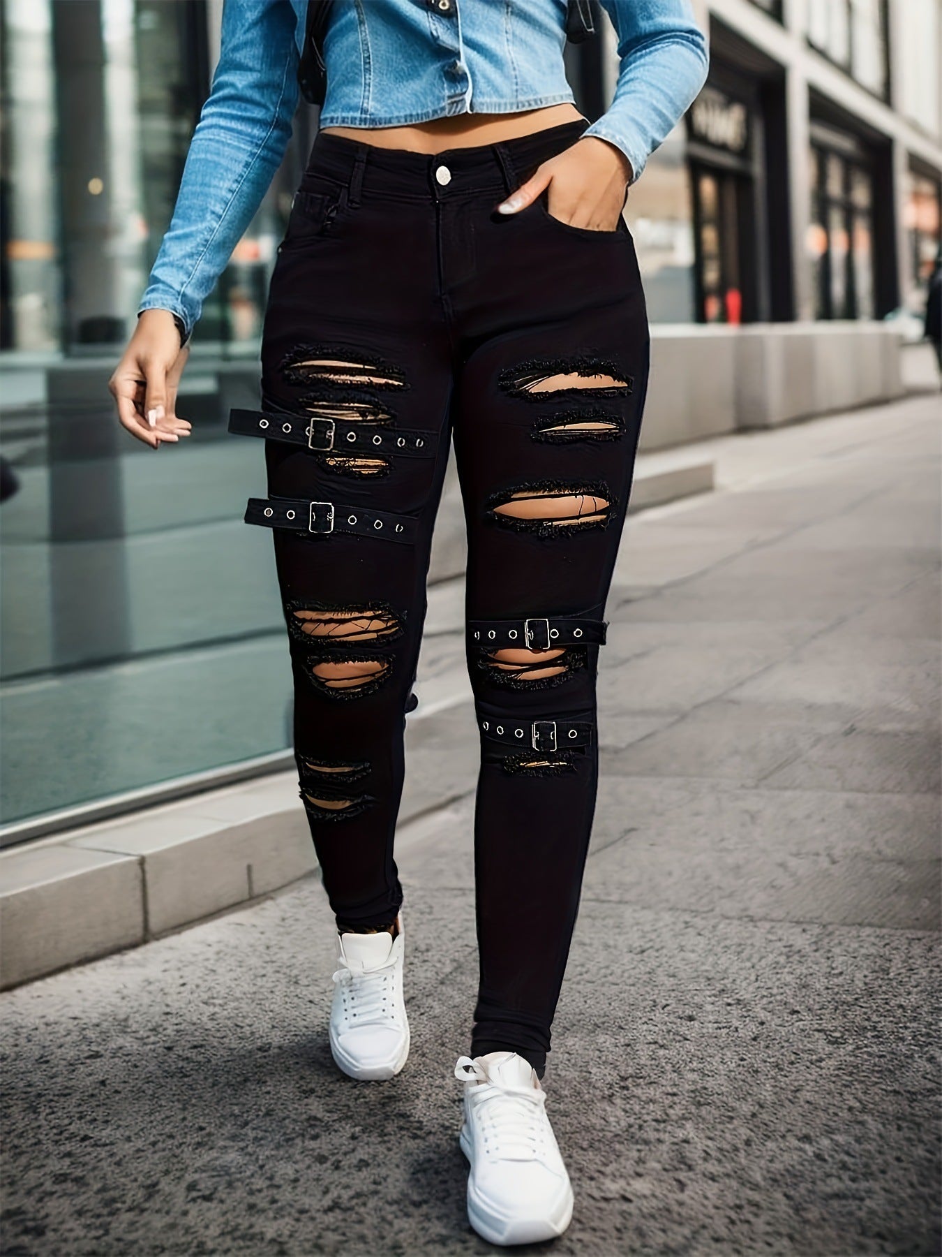 Women's Ripped Buckle Slim Fit Jeans