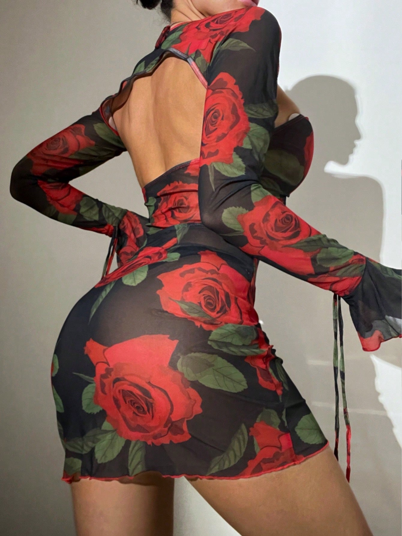 Woman's Backless Rose Print Lace-up Swimsuit Set