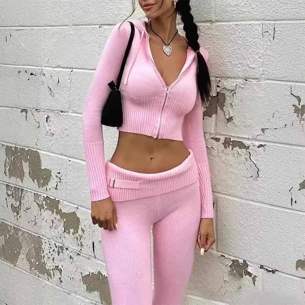 Woman's Knitted Cropped Hooded/ High Waist Pants Two-piece Set/7 Colors