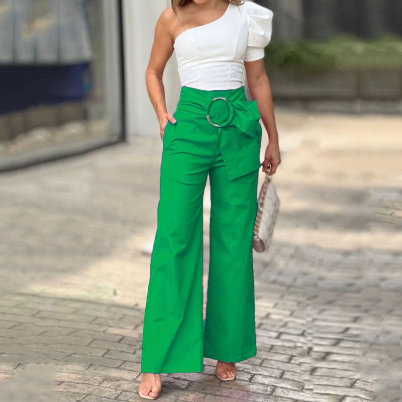 Women's Puff Shoulder Sleeve Top/ Wide Leg Pants Two-piece Set