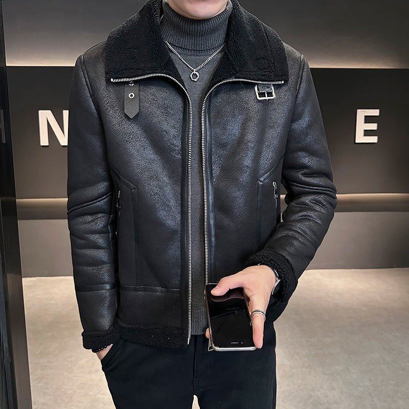 Men's Integrated Lamb Fur Fleece-lined Leather Coat /3 Colors