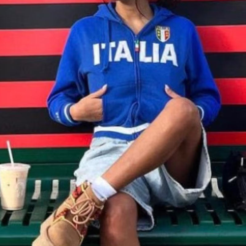 Woman's ITALIA Embroidery Pattern Zip Up Crop Hoodie