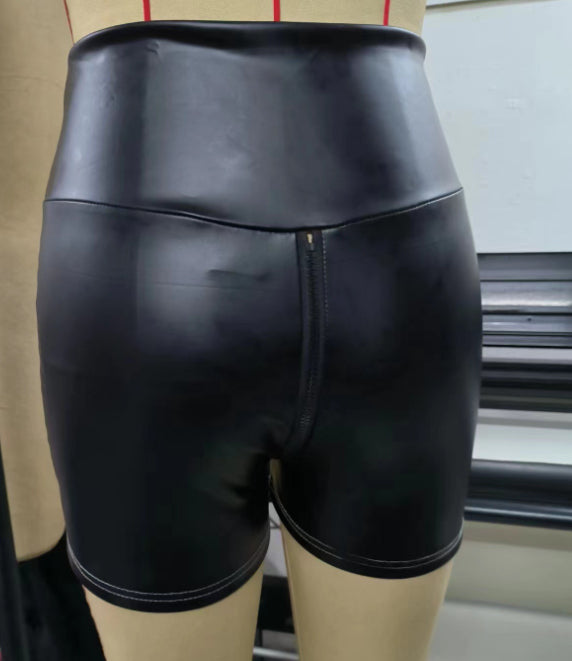 Woman's Black Matte Leather Zipper Shorts