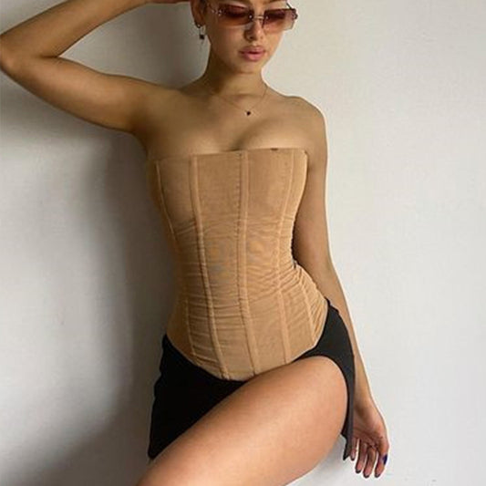 Woman's Skinny Sleeveless Mesh Crop Tube Top