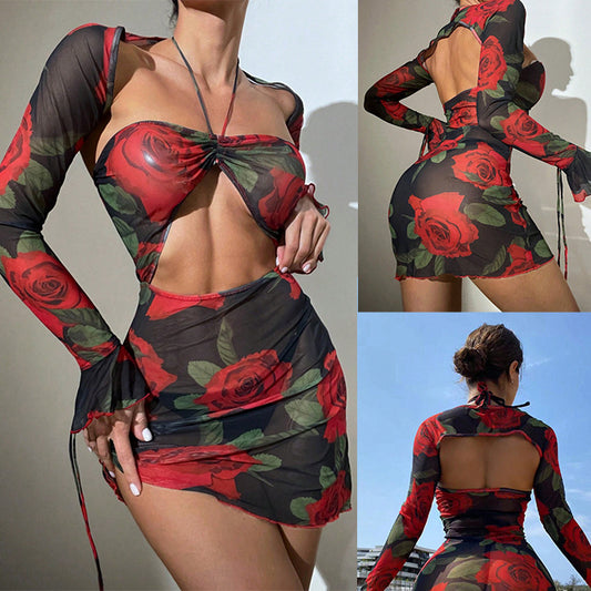 Woman's Backless Rose Print Lace-up Swimsuit Set